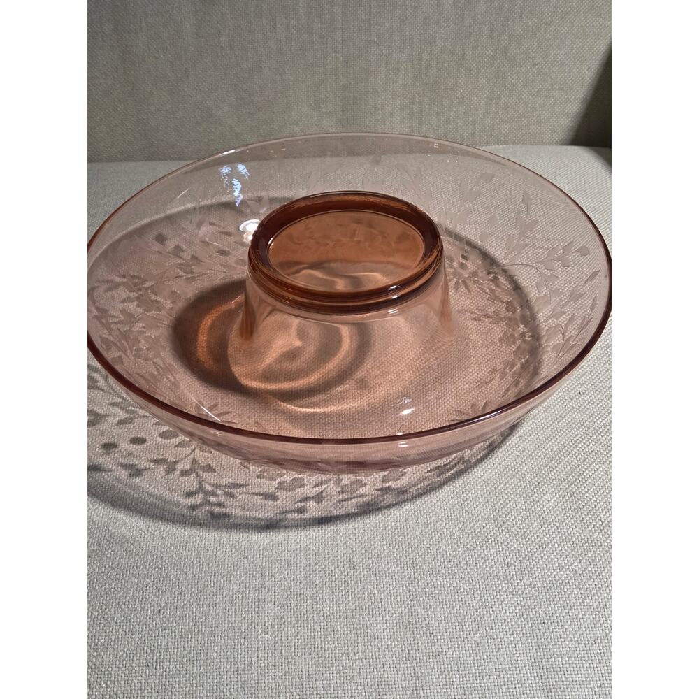 ✨ Vtg 12” Lancaster Glass Pink Depression Etched Console Bowl 1930s